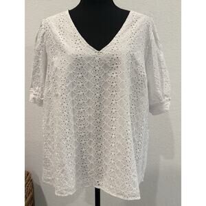 Draper James White Eyelet V-Neck Puff Short Sleeve Top Size XL NWT